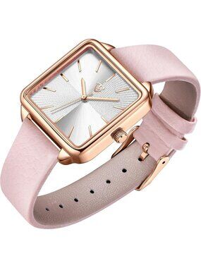 Women's Pink White Square Leather Vintage Elegant Waterproof Quartz Wrist Watch